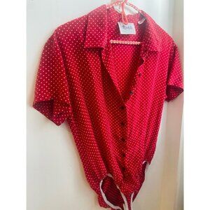 Vintage Red and White Polka Dot Silk Bodysuit Top Size M